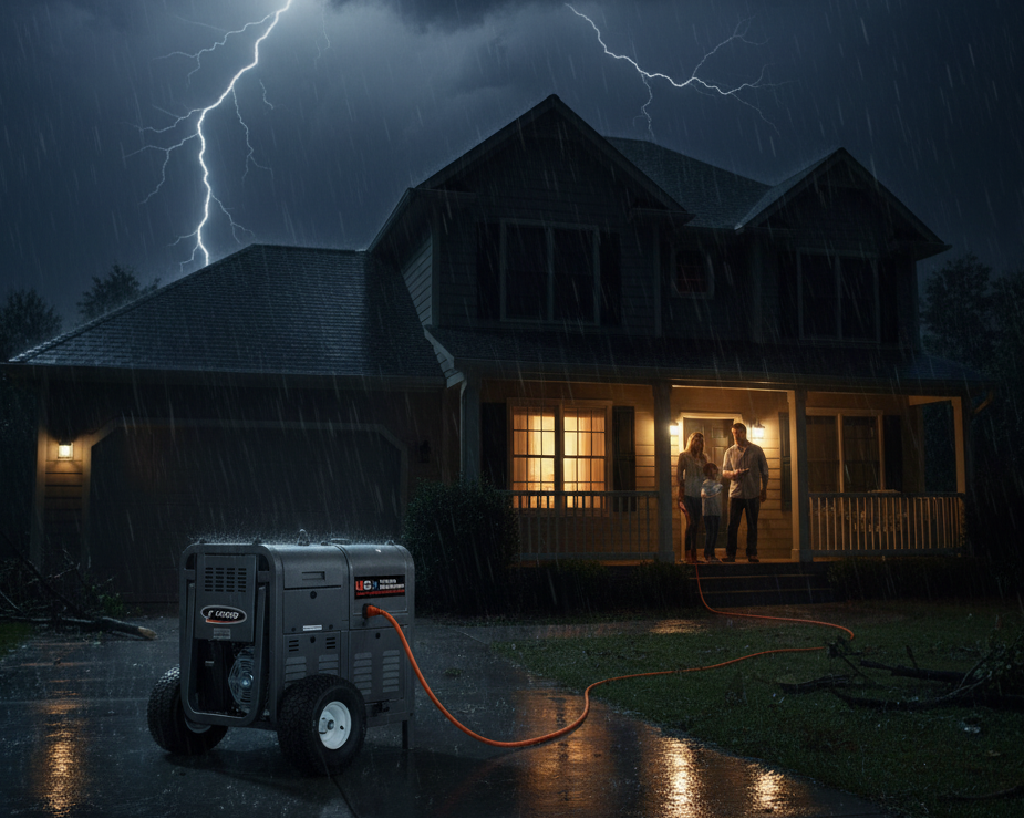 Generator outside a house during a storm with lightning in the background