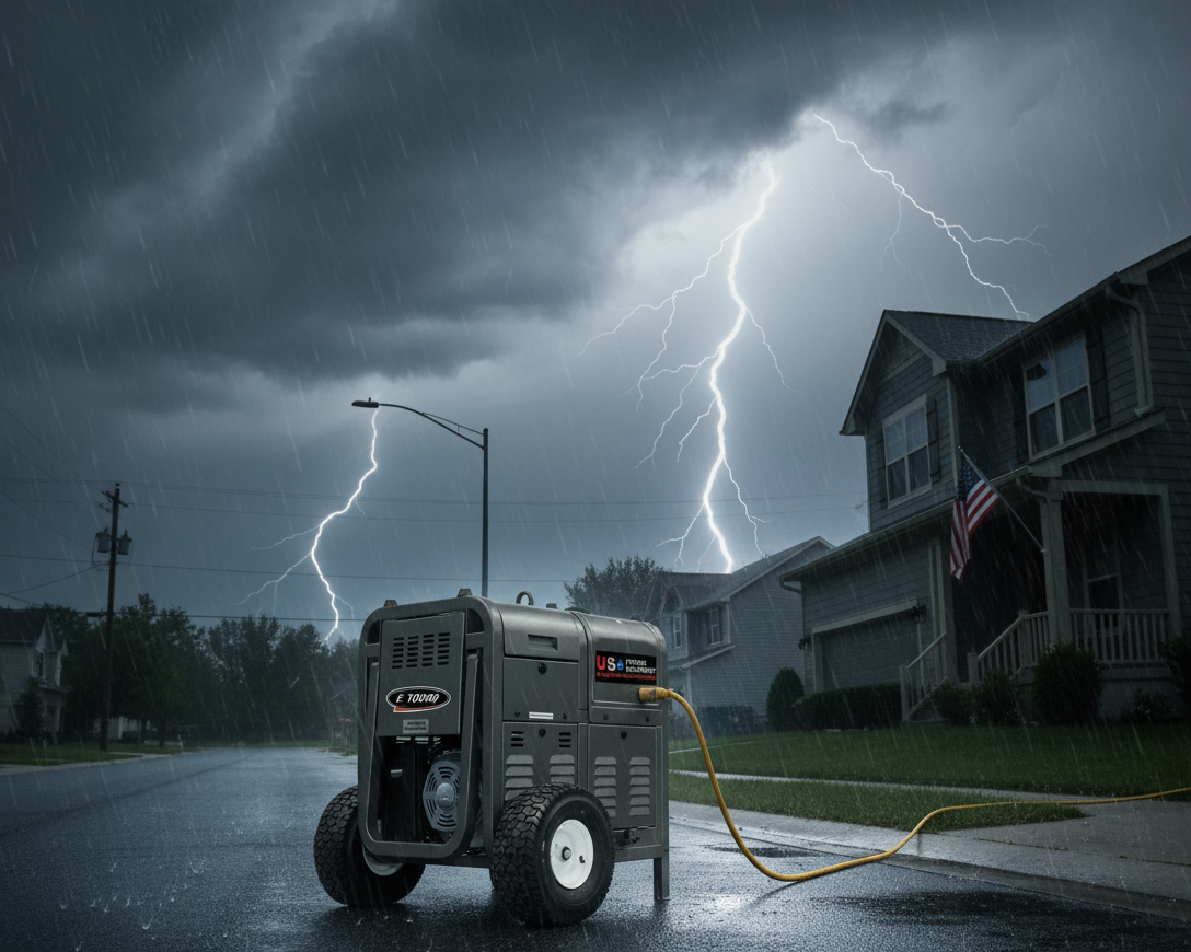 Portable generator on a street during a storm with lightning in the background